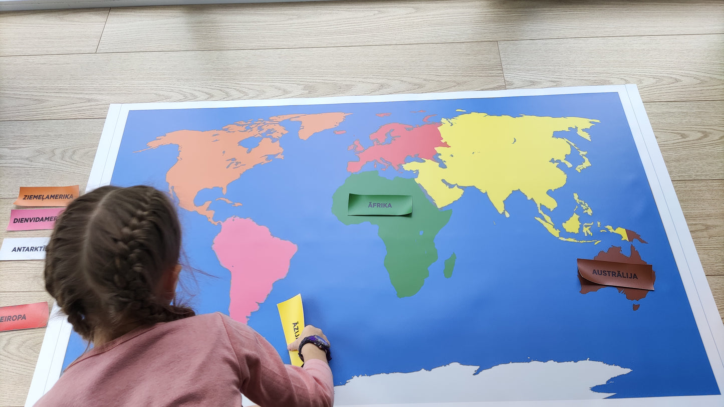 Kontinentu karte. Montessori kontinentu krāsās