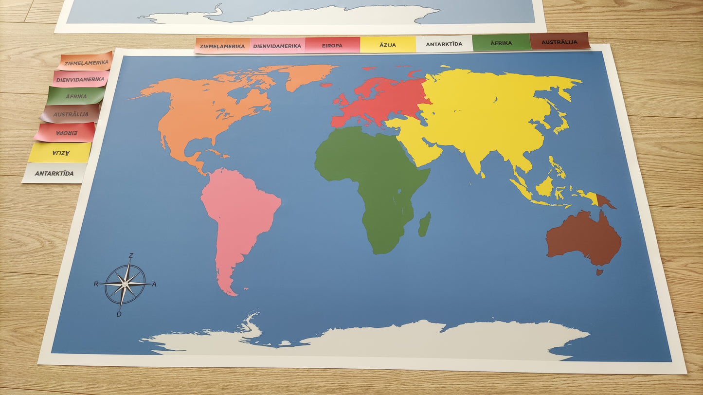 Kontinentu karte. Montessori kontinentu krāsās
