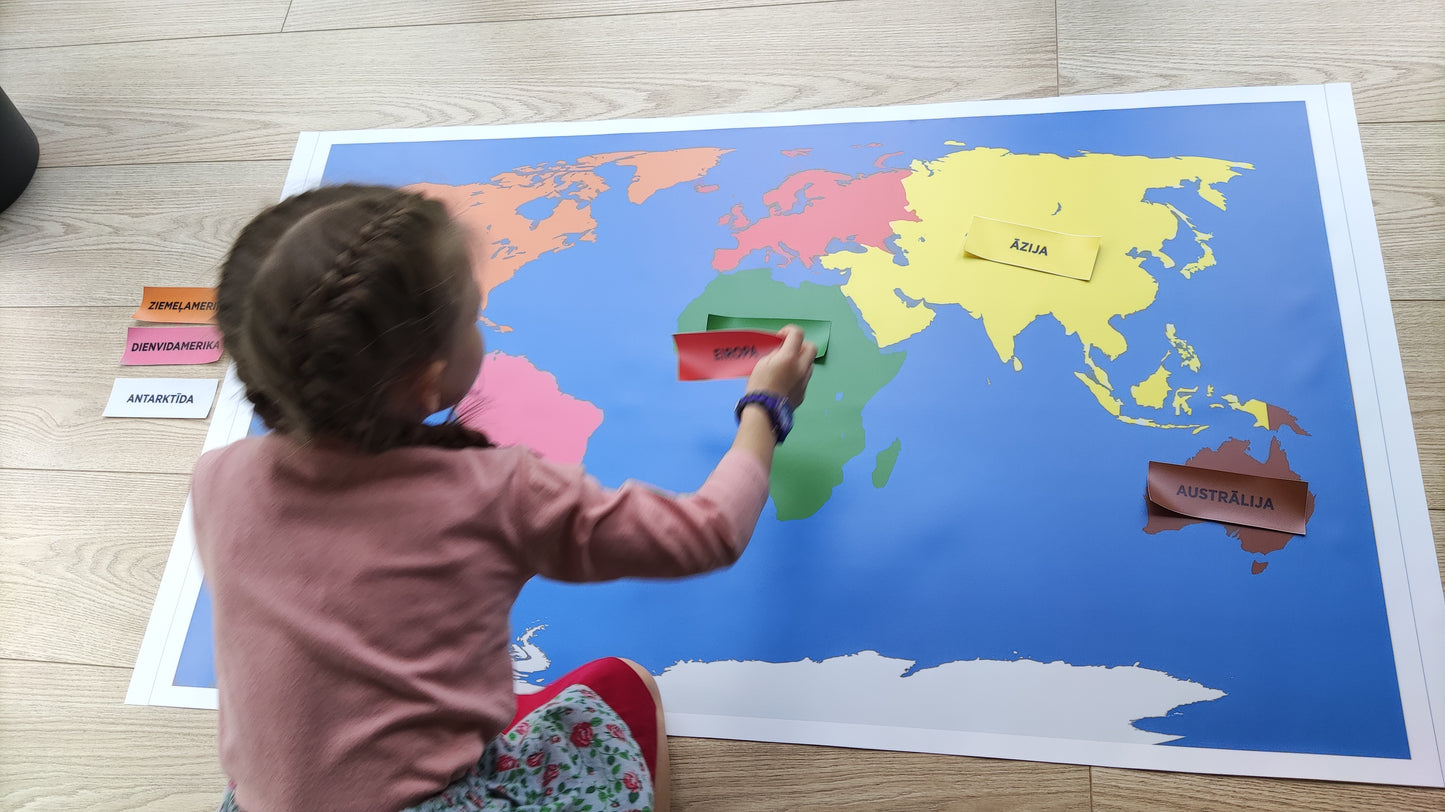 Kontinentu karte. Montessori kontinentu krāsās