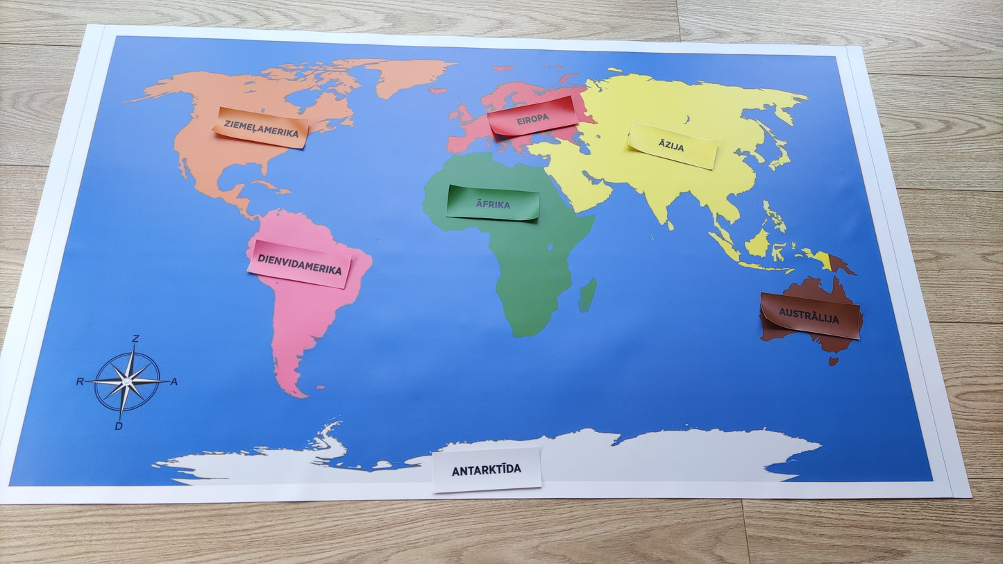 Kontinentu karte. Montessori kontinentu krāsās