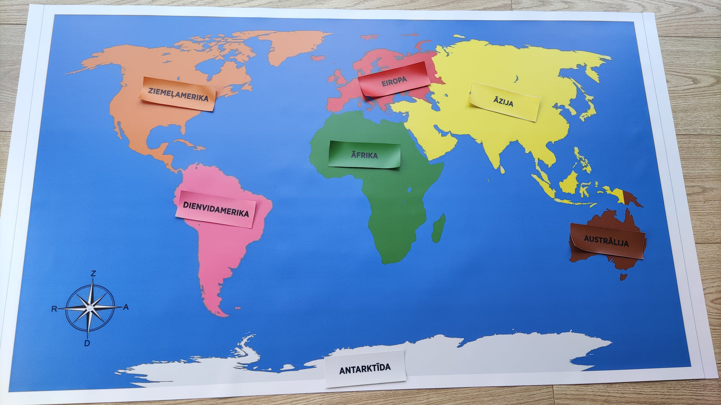 Kontinentu karte. Montessori kontinentu krāsās