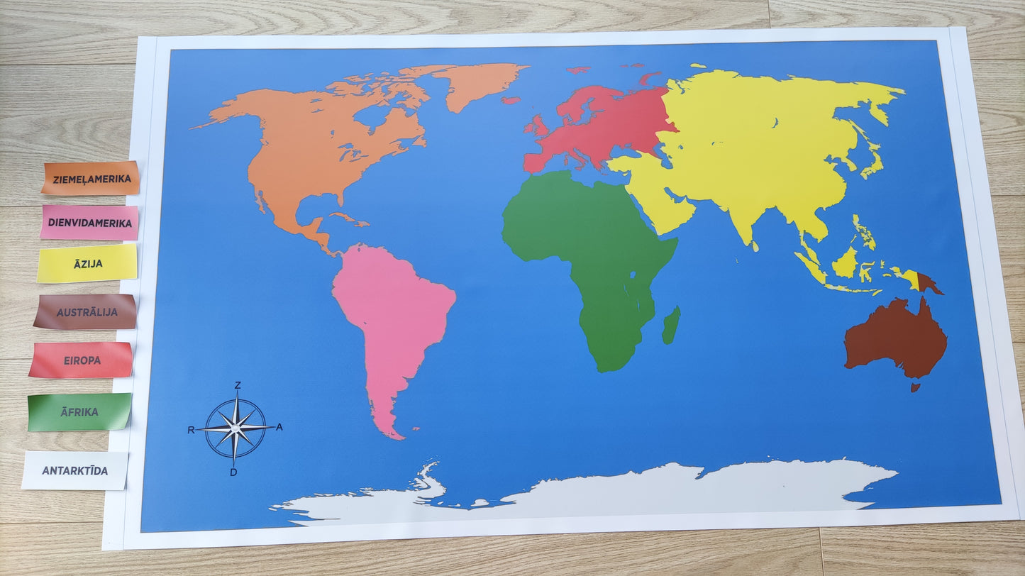 Kontinentu karte. Montessori kontinentu krāsās