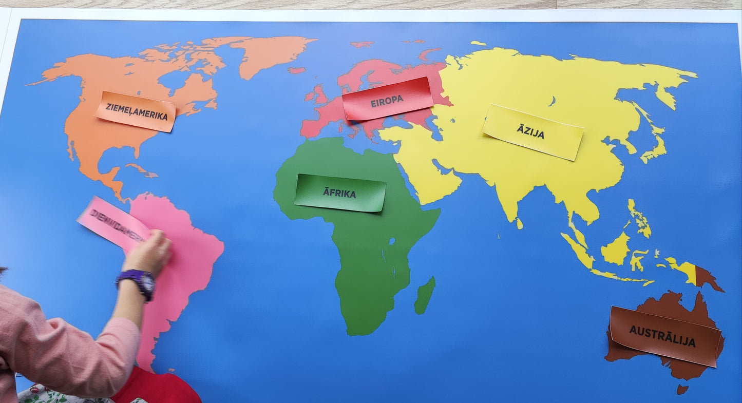 Kontinentu karte. Montessori kontinentu krāsās